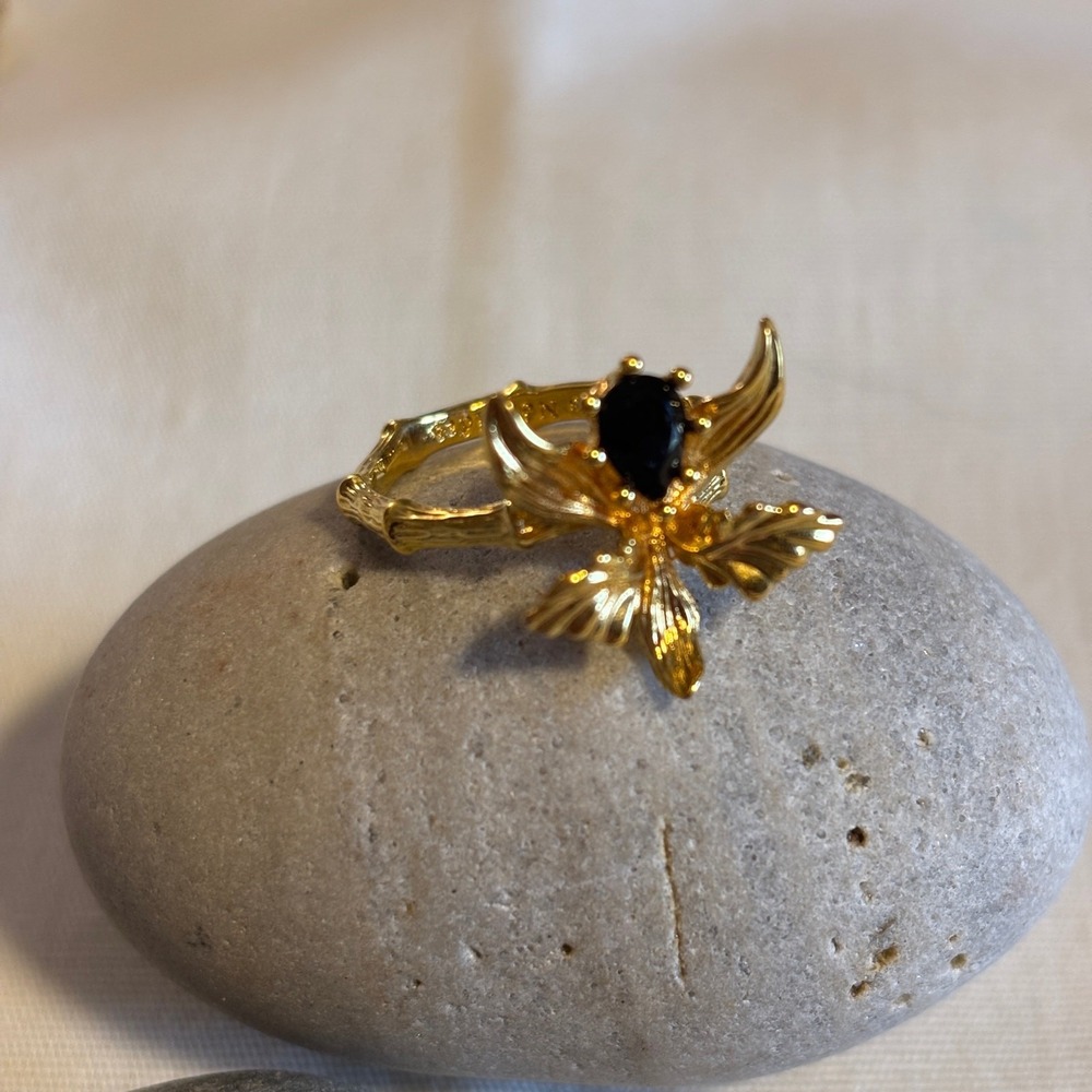 Les Nereides Adjustable Orchid Ring Black Faceted Stone Gold Plate French Design